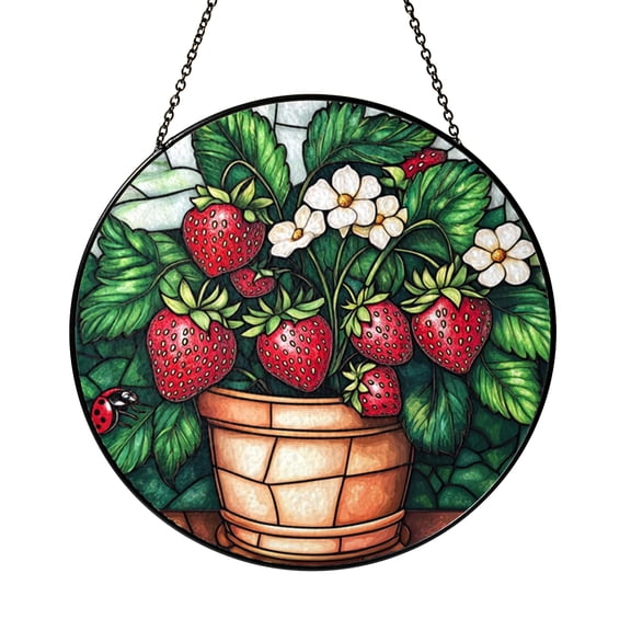 Garden Strawberry Plant Stained Glass Style Window Suncatcher Hanging Decor, Fruit Botanical Decorative Acrylic Panel Ornament for Kitchen Window Display and Nature Theme Home Decoration
