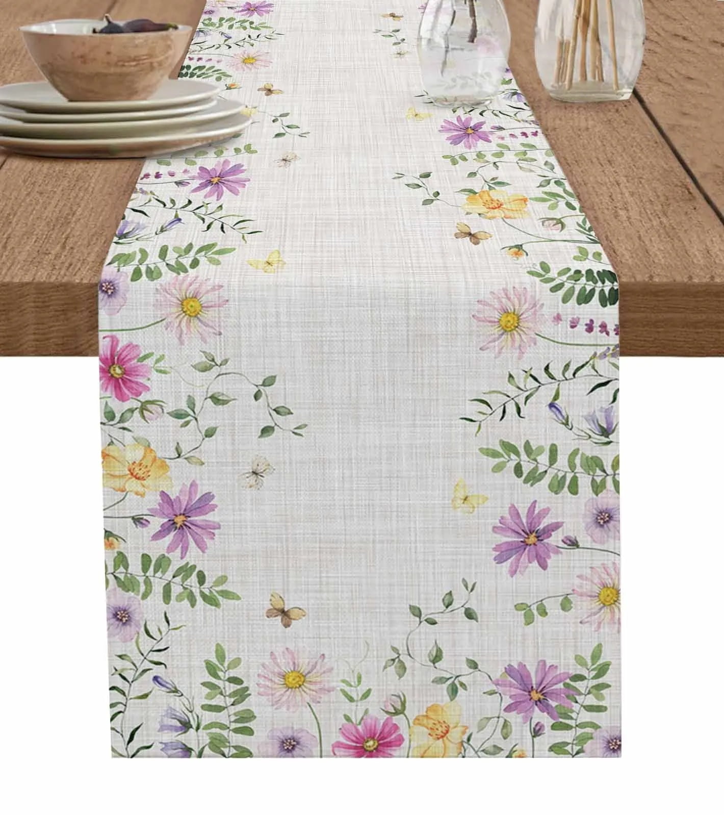 Garden Style Eucalyptus Daisy Flower Plant Table Runner Coffee