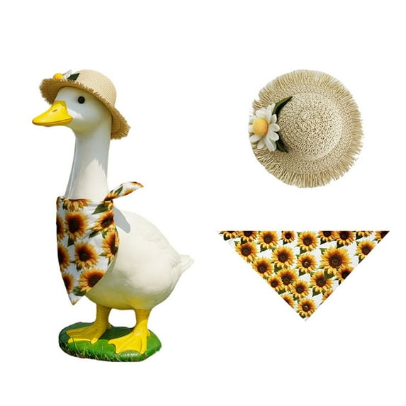 Garden Style Porch Goose Clothing Set 1 Straw Hat with Daisy Decoration and 1 Sunflower Pattern Triangle Scarf, Cute Novel Patterns for A Fun Eye Catching Look, Suitable for