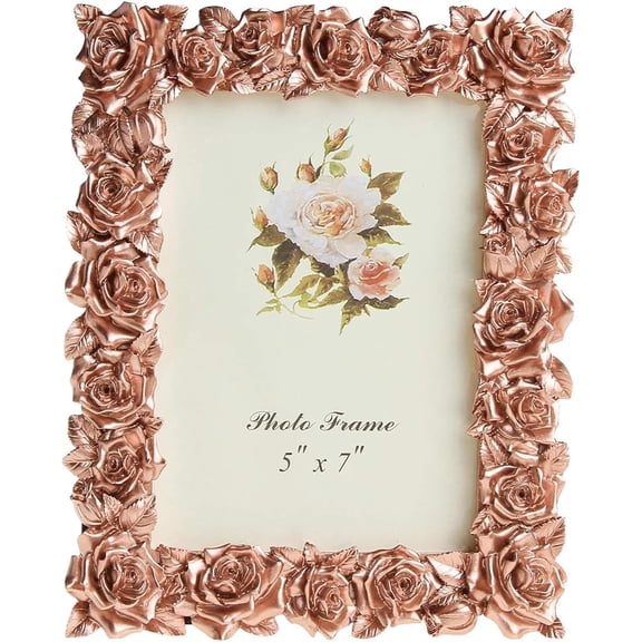 Garden Style Resin Picture Frame Rose Flower Decorative with High Definition Plexi Glass Sheet for Table Top Desk Photo Display, Rose Gold Color, 5x7 inch