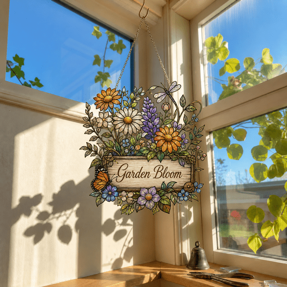 Garden Suncatcher Acrylic Window Hanging, Stained Glass Style Rustic Floral Decor