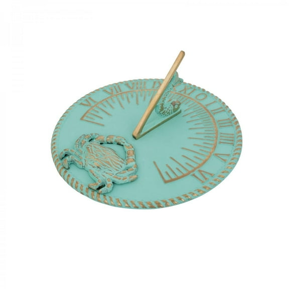 Garden Sundial Solid Brass with Blue Verdigris Round Beach Theme Crab Plaque and Fish Dial 10" inch Diameter Curb Appeal Renovators Supply