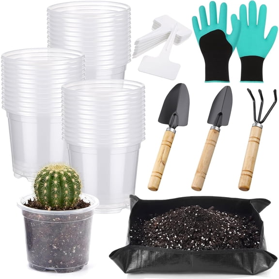 Garden Supplies Tools Kit, Clear Plastic Plant Pots with Transplanting Mat, Trowel Cultivator Rake Set, Label & Glove, Succulent Tools for Plant Lovers