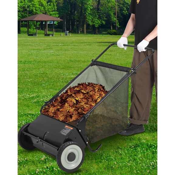 Garden Sweeper, 61CM Push Lawn Sweeper with 100L Collection Bag & 4 Fast Spinning Brushes, Height Adjustable Silent Push Along for Driveway, Patio, Lawn, Artificial Grass - Black