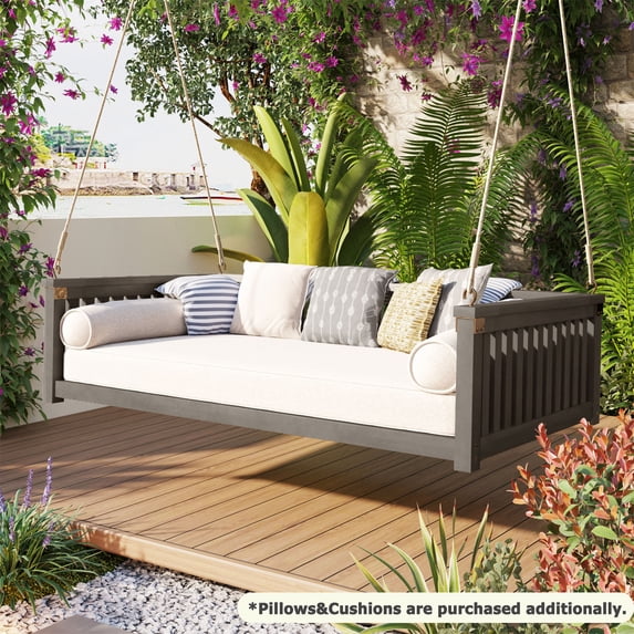 Garden Swing Bed, Minimalist Patio Wood Porch Hanging Swing Bed with Ropes and Safe Sloped Design, Twin Size Swing Bed 2 Person Seating Group for Backyard Lawn Poolside, Weight Capacity 350 lbs