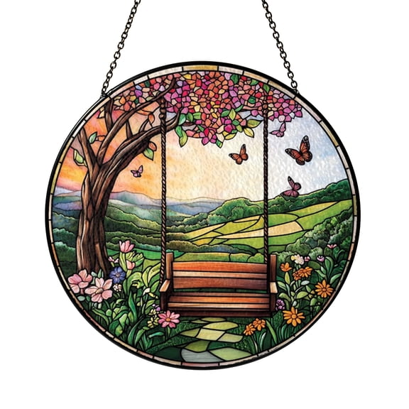 Garden Swing Stained Glass Window Hanging, Scenic Suncatcher Decor