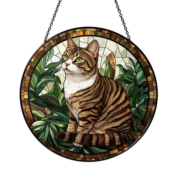 Garden Tabby Cat Scene Stained Glass Window Decor, Whimsical Nature Suncatcher Gift