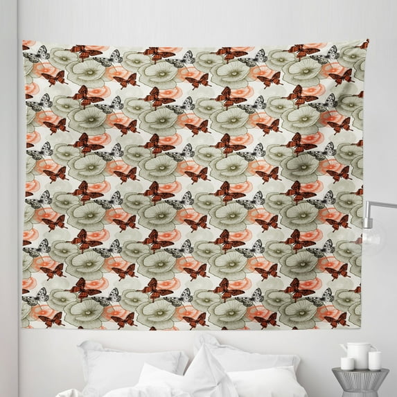 Garden Tapestry, Poppy Blossoms and Butterflies Wildlife Garden Forest Theme Vintage Style, Fabric Wall Hanging Decor for Bedroom Living Room Dorm, 5 Sizes, Orange Black Khaki, by Ambesonne