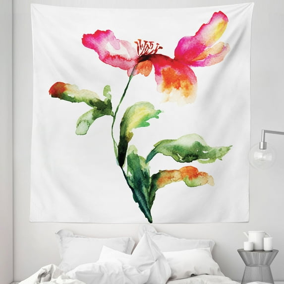Garden Tapestry, Shaded Single Poppy Flowering Plant Muse Nature Earth Divine Grace, Fabric Wall Hanging Decor for Bedroom Living Room Dorm, 5 Sizes, Red Green White, by Ambesonne