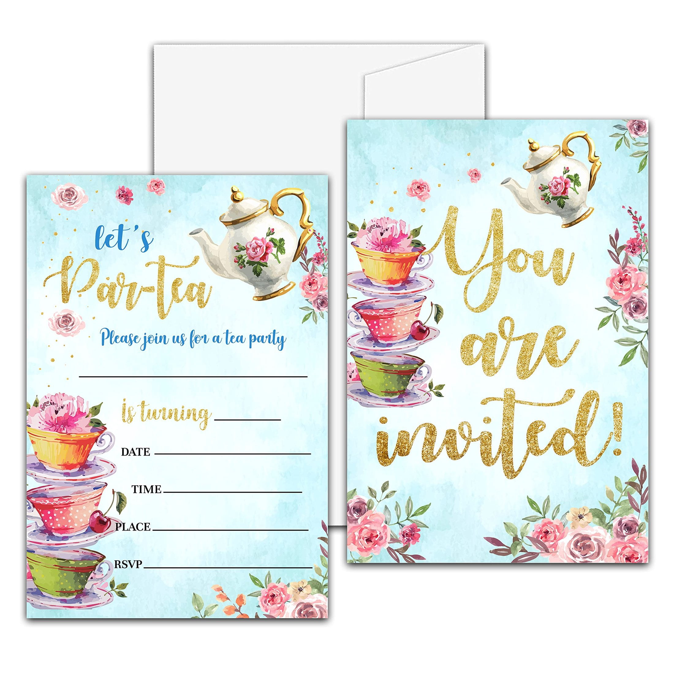Image showcasing Garden Tea Party Invitation Set for Kids, Fill-In Style with Envelopes ...