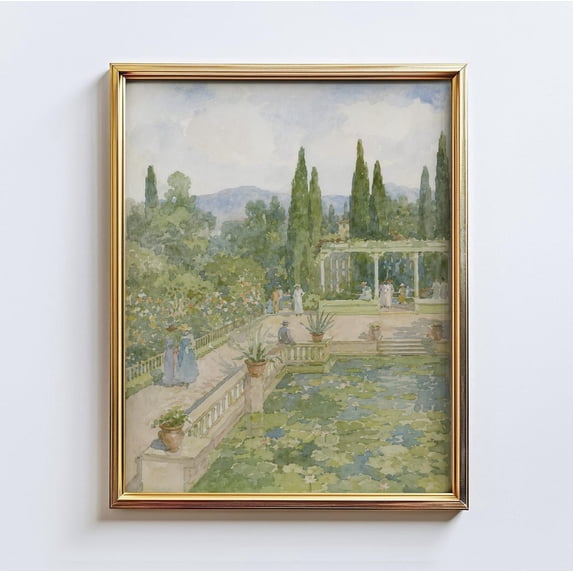 Garden Terrace Wall Art Print, Vintage Lily Pond Landscape, Botanical ...