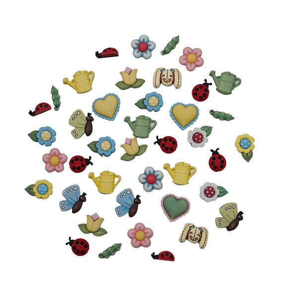 Garden Theme Decorative Buttons, 50-Pack, Spring Designs with Flowers, Ladybugs, Butterflies, 3D Shank Style for Crafts