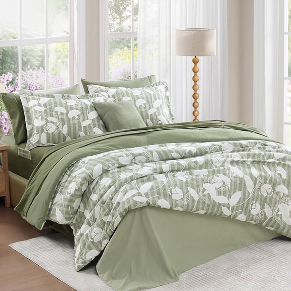 Queen Comforter Set - 7 Pieces Sage Green Floral Comforter Set for All Seasons