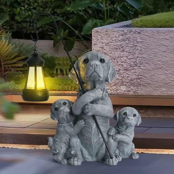 Garden Three Dogs Statue with Solar Powered Lantern for Patio Yard Backyard Gifts for Mother's Day Birthday Housewarming,Solar Garden Dogs Puppy Sculptures with Light
