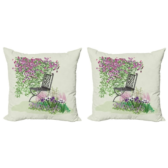Ambesonne Summer Throw Pillow Cover 2 Pack, Flowers Blooming Garden, 24", Purple Green