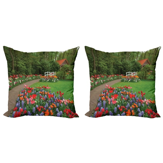 Garden Throw Pillow Cushion Cover Pack of 2, Spring Garden with Forest Hut Small Bridge Plants Flowerbedsnd Walkway, Zippered Double-Side Digital Print, 4 Sizes, Green and Purple, by Ambesonne