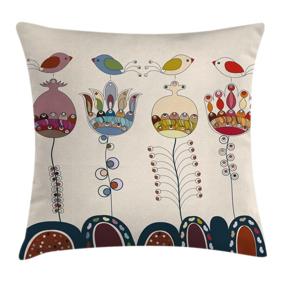 Garden Throw Pillow Cushion Cover, Stylized Cartooned Cute Landscape with Flowers Birds and Abstract Forms Colorful, Decorative Square Accent Pillow Case, 18 X 18 Inches, Multicolor, by Ambesonne