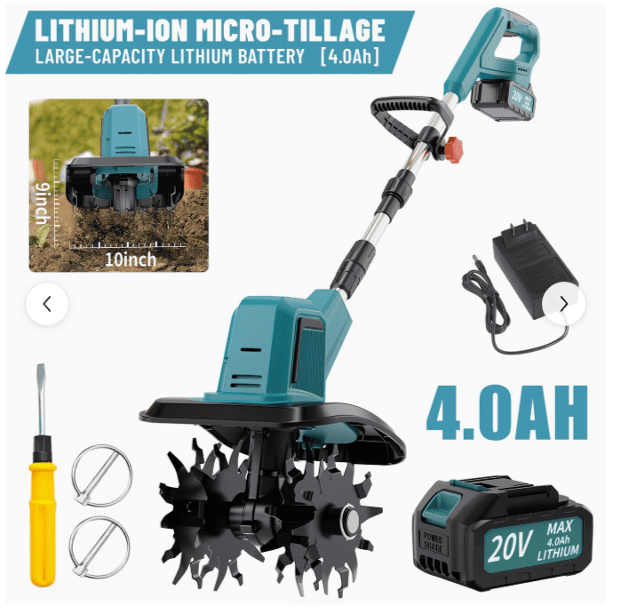 Garden Tiller Cultivator, Manganese Steel Tines, 2×Battery & Charger, for Soil Tilling Weeding Plowing, Compact Lightweight Garden Tool, Local Warehouse Shipping