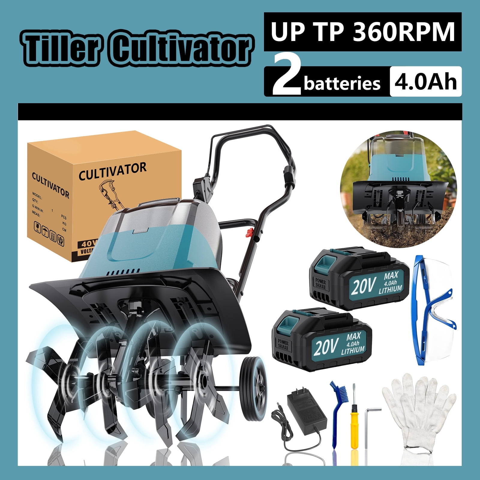 Garden Tiller Cultivator, Manganese Steel Tines, 2×Battery & Charger, for Soil Tilling Weeding Plowing, Compact Lightweight Garden Tool, Local Warehouse Shipping