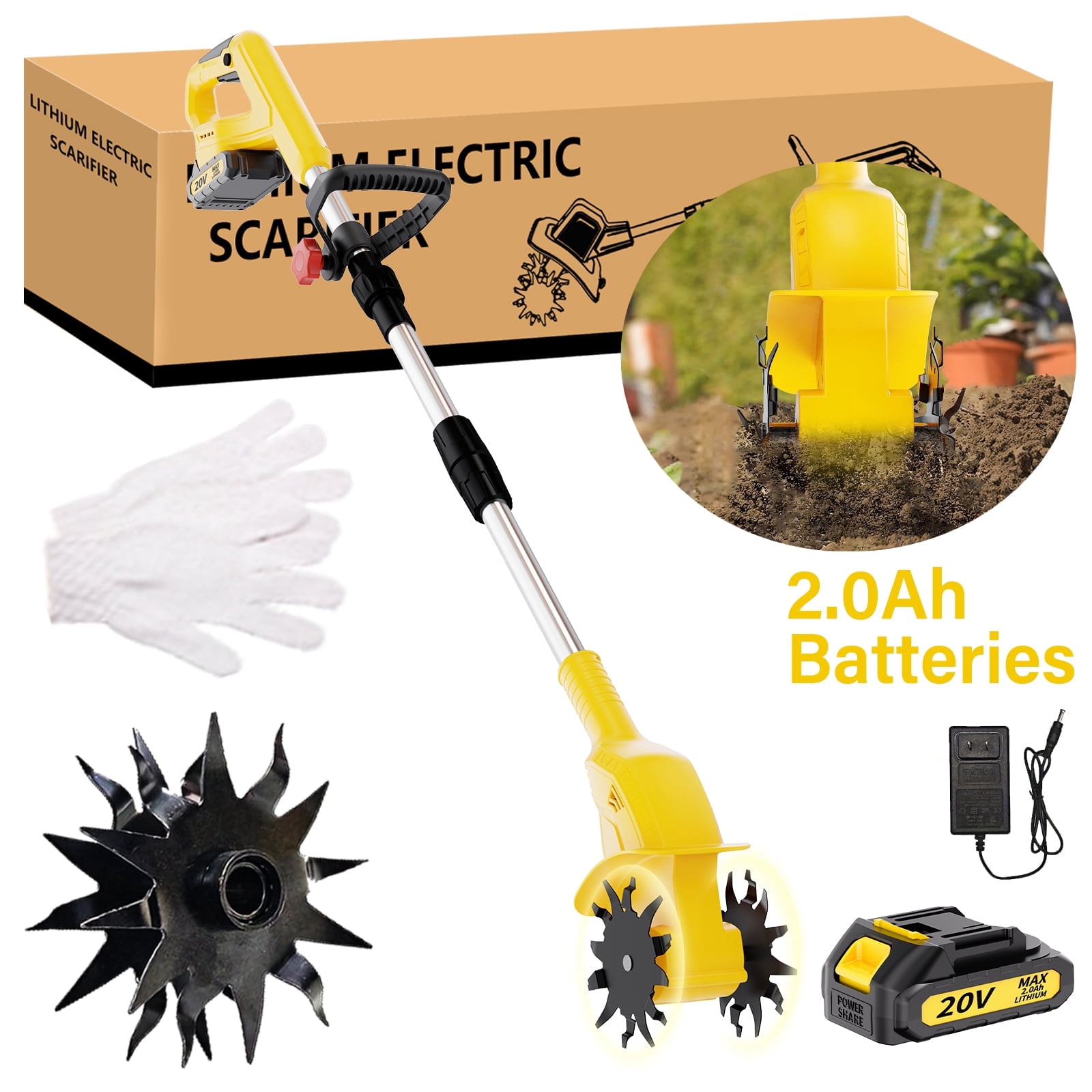 Garden Tiller Cultivator, Manganese Steel Tines, 2×Battery & Charger, for Soil Tilling Weeding Plowing, Compact Lightweight Garden Tool, Local Warehouse Shipping