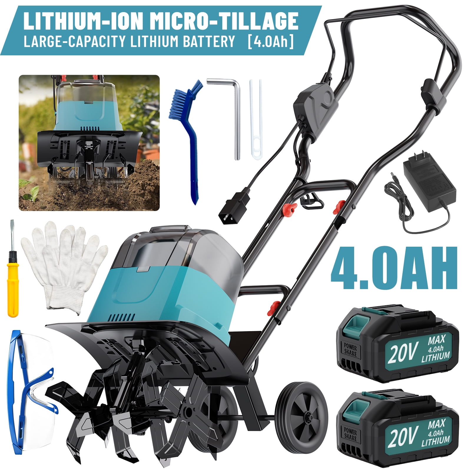 Garden Tiller Cultivator, Manganese Steel Tines, 2×Battery & Charger, for Soil Tilling Weeding Plowing, Compact Lightweight Garden Tool, Local Warehouse Shipping