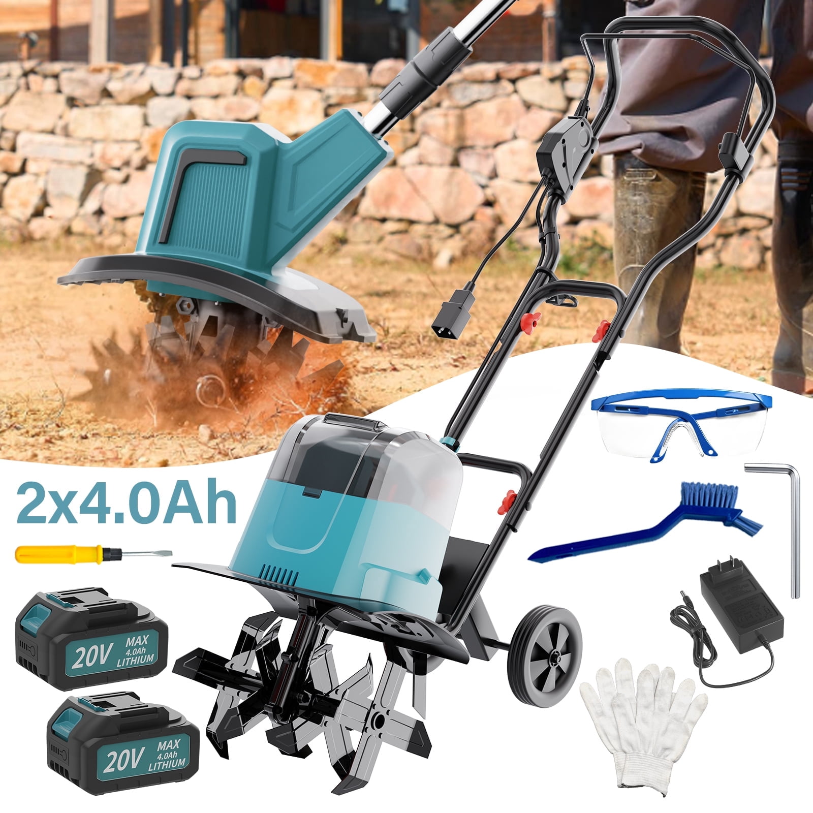 Garden Tiller Cultivator, Manganese Steel Tines, 2×Battery & Charger, for Soil Tilling Weeding Plowing, Compact Lightweight Garden Tool, Local Warehouse Shipping