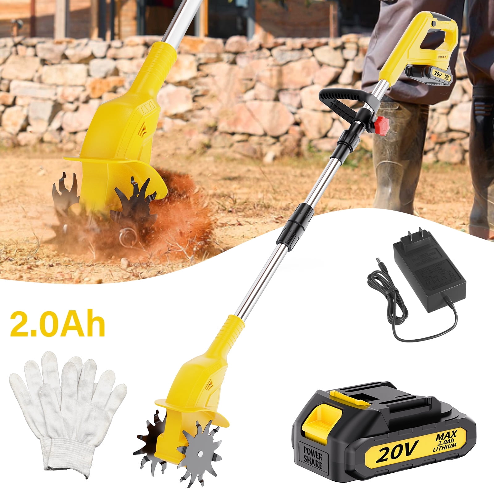 Garden Tiller Cultivator, Manganese Steel Tines, 2×Battery & Charger, for Soil Tilling Weeding Plowing, Compact Lightweight Garden Tool, Local Warehouse Shipping