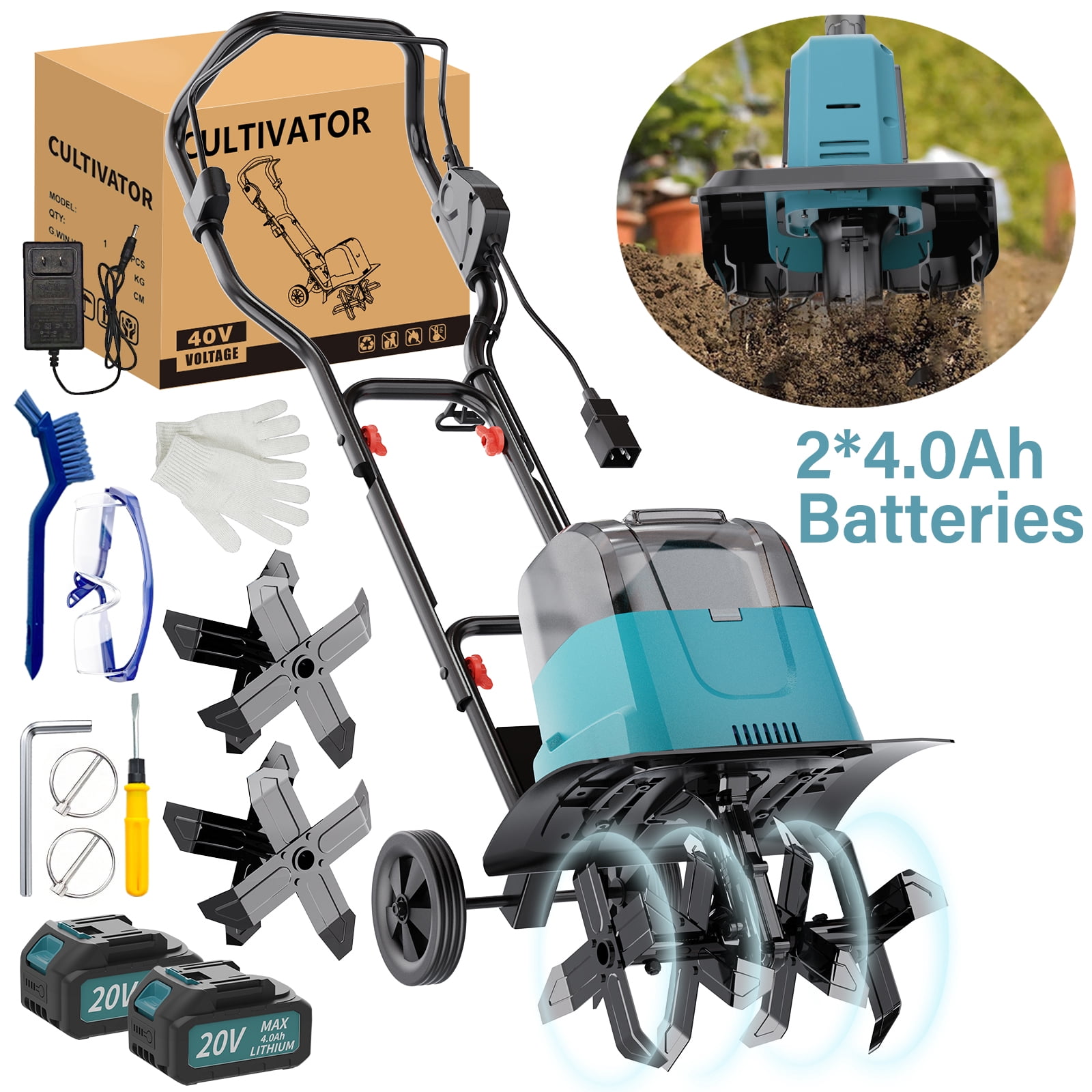 Garden Tiller Cultivator, Manganese Steel Tines, 2×Battery & Charger, for Soil Tilling Weeding Plowing, Compact Lightweight Garden Tool, Local Warehouse Shipping