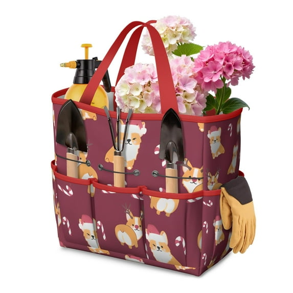 Garden Tool Bag,Christmas Corgi Garden Tool Organizer,Garden Gifts,Waterproof Multi-Pocket Garden Tool Storage 11.8x5.5x11.4 Inch(Tools NOT Included)