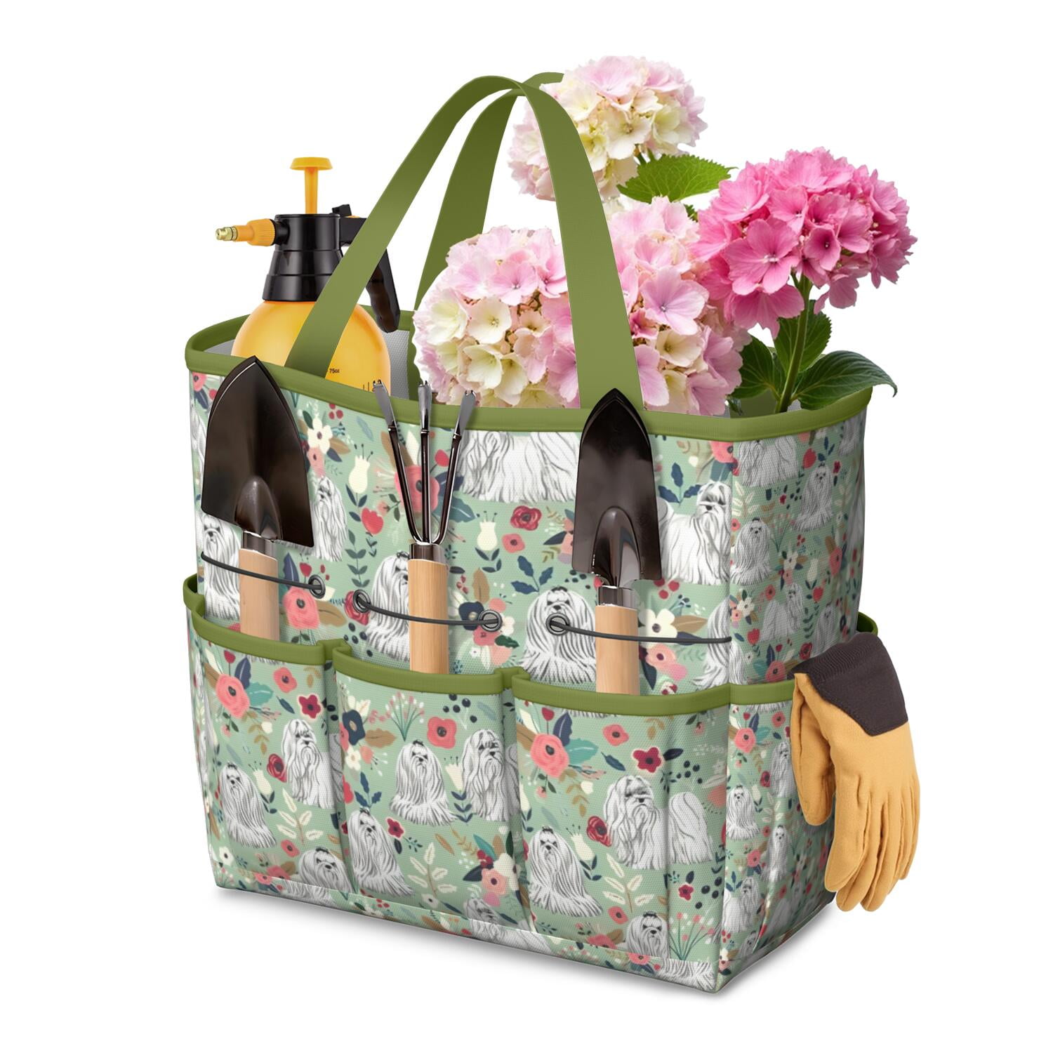 Garden Tool Bag,Maltese Dog and Flower Floral Garden Tool Organizer,Garden Gifts,Waterproof Multi-Pocket Garden Tool Storage 11.8x5.5x11.4 Inch(Tools NOT Included)