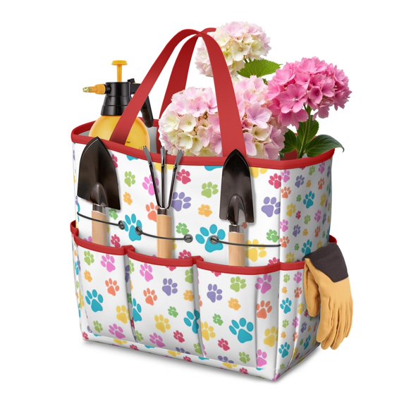 Garden Tool Bag,Pets Paws Print Colorful Garden Tool Organizer,Garden Gifts,Waterproof Multi-Pocket Garden Tool Storage 11.8x5.5x11.4 Inch(Tools NOT Included)