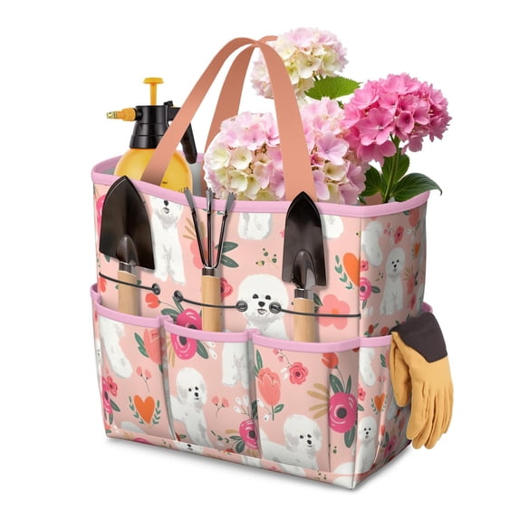 Garden Tool Bag,Pink Bichon Frise and Flower Garden Tool Organizer,Garden Gifts,Waterproof Multi-Pocket Garden Tool Storage 11.8x5.5x11.4 Inch(Tools NOT Included)