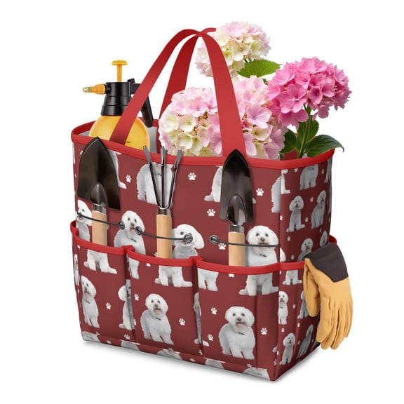 Garden Tool Bag,Pink Bichon Frise Garden Tool Organizer,Garden Gifts,Waterproof Multi-Pocket Garden Tool Storage 11.8x5.5x11.4 Inch(Tools NOT Included)