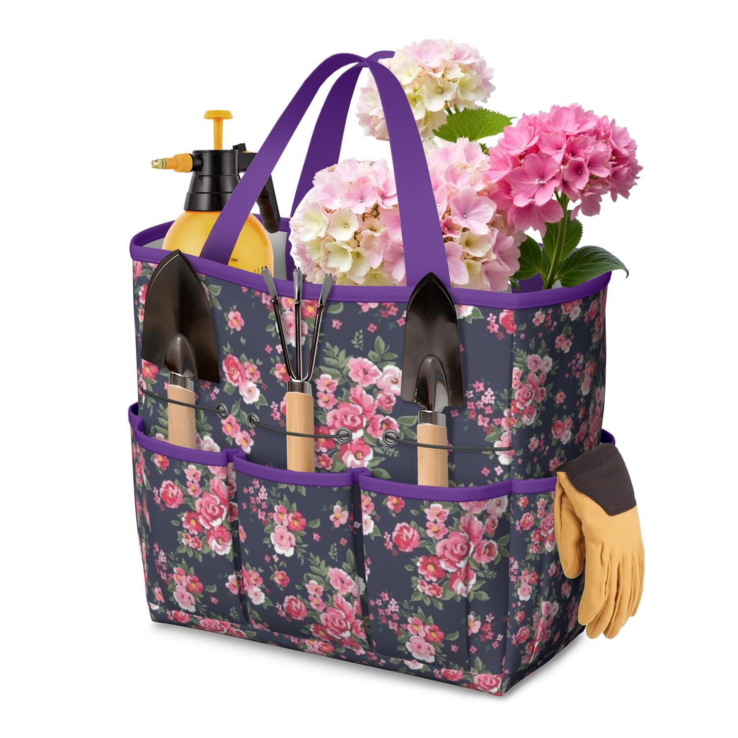 Garden Tool Bag,Pioneer Flower Floral Print Pattern Garden Tool Organizer,Garden Gifts,Waterproof Multi-Pocket Garden Tool Storage 11.8x5.5x11.4 Inch(Tools NOT Included)