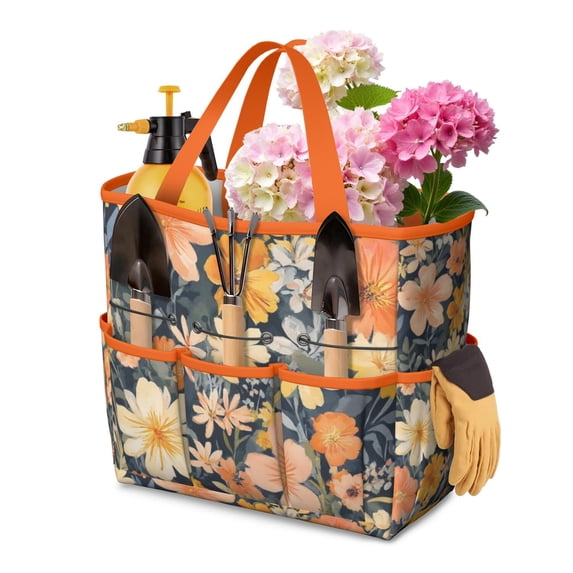 Garden Tool Bag,Pioneer Flower Floral Print Pattern Garden Tool Organizer,Garden Gifts,Waterproof Multi-Pocket Garden Tool Storage 11.8x5.5x11.4 Inch(Tools NOT Included)