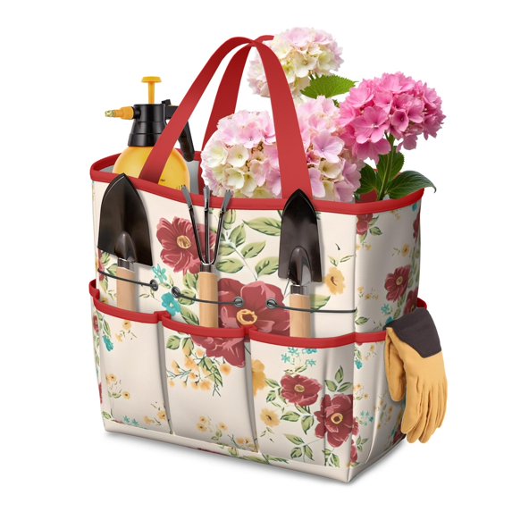 Garden Tool Bag,Pioneer Flower Floral Print Pattern Garden Tool Organizer,Garden Gifts,Waterproof Multi-Pocket Garden Tool Storage 11.8x5.5x11.4 Inch(Tools NOT Included)