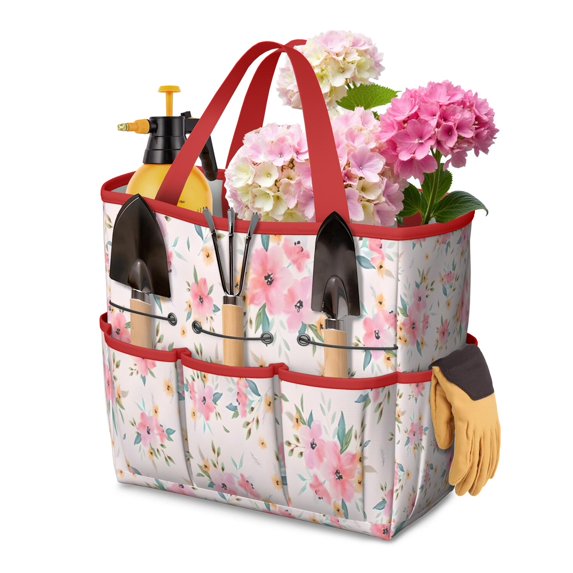 Garden Tool Bag,Pioneer Flower Floral Print Pattern Garden Tool Organizer,Garden Gifts,Waterproof Multi-Pocket Garden Tool Storage 11.8x5.5x11.4 Inch(Tools NOT Included)