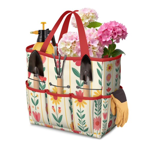 Garden Tool Bag,Pioneer Flower Floral Print Pattern Garden Tool Organizer,Garden Gifts,Waterproof Multi-Pocket Garden Tool Storage 11.8x5.5x11.4 Inch(Tools NOT Included)