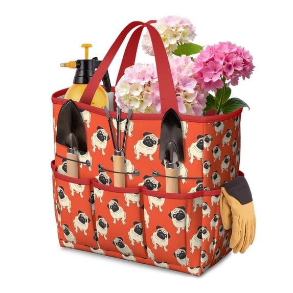 Garden Tool Bag,Pug Dog Garden Tool Organizer,Garden Gifts,Waterproof Multi-Pocket Garden Tool Storage 11.8x5.5x11.4 Inch(Tools NOT Included)
