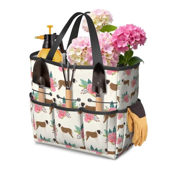 Garden Tool Bag,Saint Bernard Dog Breed and Flower Floral Garden Tool Organizer,Garden Gifts,Waterproof Multi-Pocket Garden Tool Storage 11.8x5.5x11.4 Inch(Tools NOT Included)
