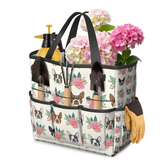Garden Tool Bag,White Boston Terrier and Flower Garden Tool Organizer,Garden Gifts,Waterproof Multi-Pocket Garden Tool Storage 11.8x5.5x11.4 Inch(Tools NOT Included)