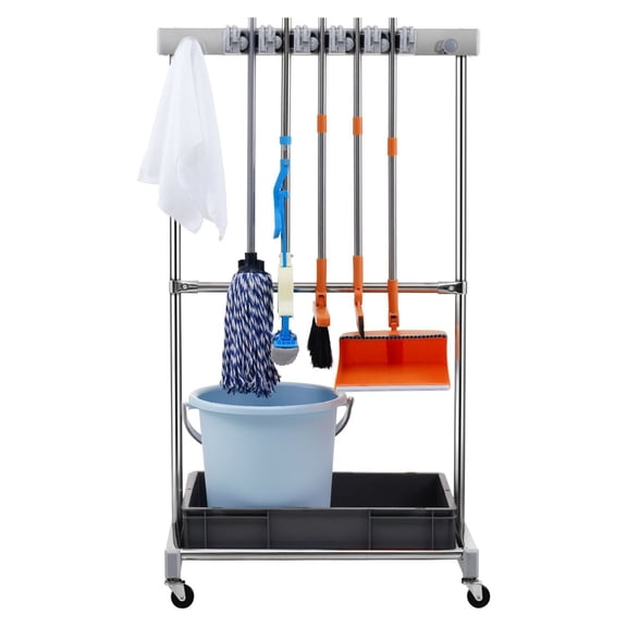 Garden Tool Organizer 10 Slot with Hooks - Yard Tool Tower Rack with Wheels for Garage Shed - Long Handled Tool Holder - Metal Rake Broom Stand