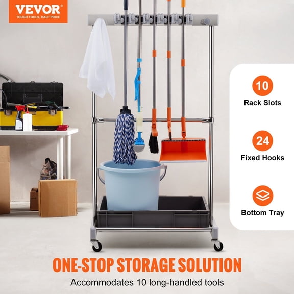 Garden Tool Organizer,10 Slots with Hooks,Yard Tool Tower Rack with Wheels for Garage Organization&Storage,Hold Long-Handled Tool/Rake/Broom,Metal Tool Stand Holder for Shed,Outdoor