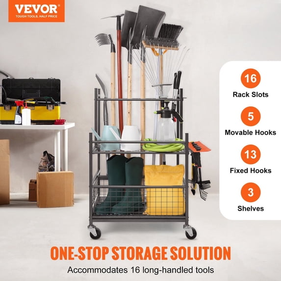 Garden Tool Organizer,16 Slots with Hooks,Yard Tool Tower Rack with Wheels for Garage Organization&Storage,Hold Long-Handled Tool/Rake/Broom,Metal Tool Stand Holder for Shed,Outdoor