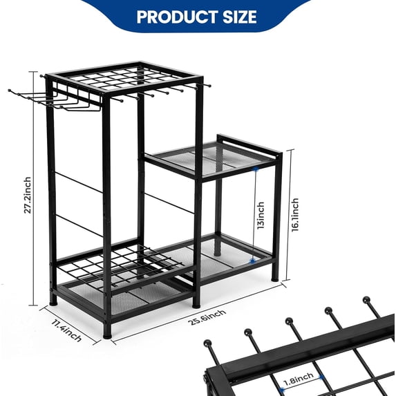 Garden Tool Organizer with 2-Tier Steel Shelves, Holds 50 Long-Handled Tools/Rakes/Brooms/Shovles for Garage Organization and Storage, Shed, Outdoor, Lawn, Heavy-Duty Steel, Black, Easy Assembly