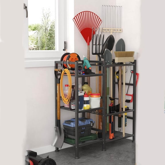 Garden Tool Organizer, 3 Tier Yard Tool Storage Rack with Long-Handled Tool Slots, Heavy Duty Garden Tool Holder with Large Hooks