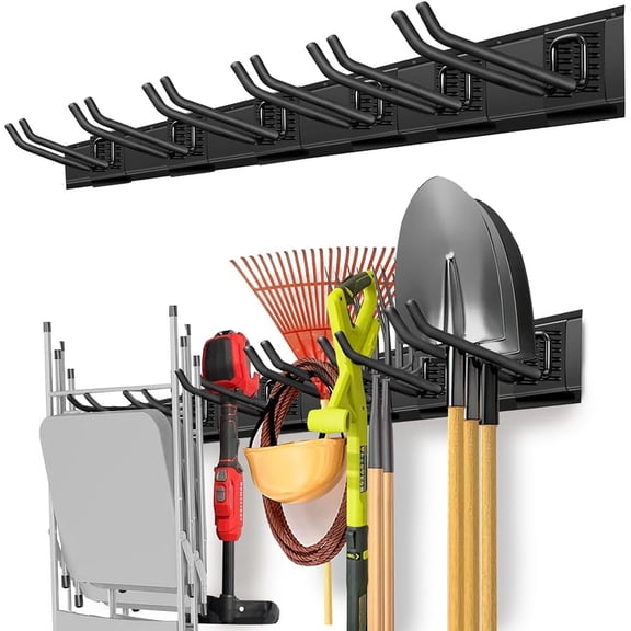 Garden Tool Organizer 48 in with 18 Garage Hooks, Heavy Duty Garage Wall Hooks for Hanging Ladder, Bike, Tool Storage Rack for Yard Tools, Shovel, Shed (23 Pack)