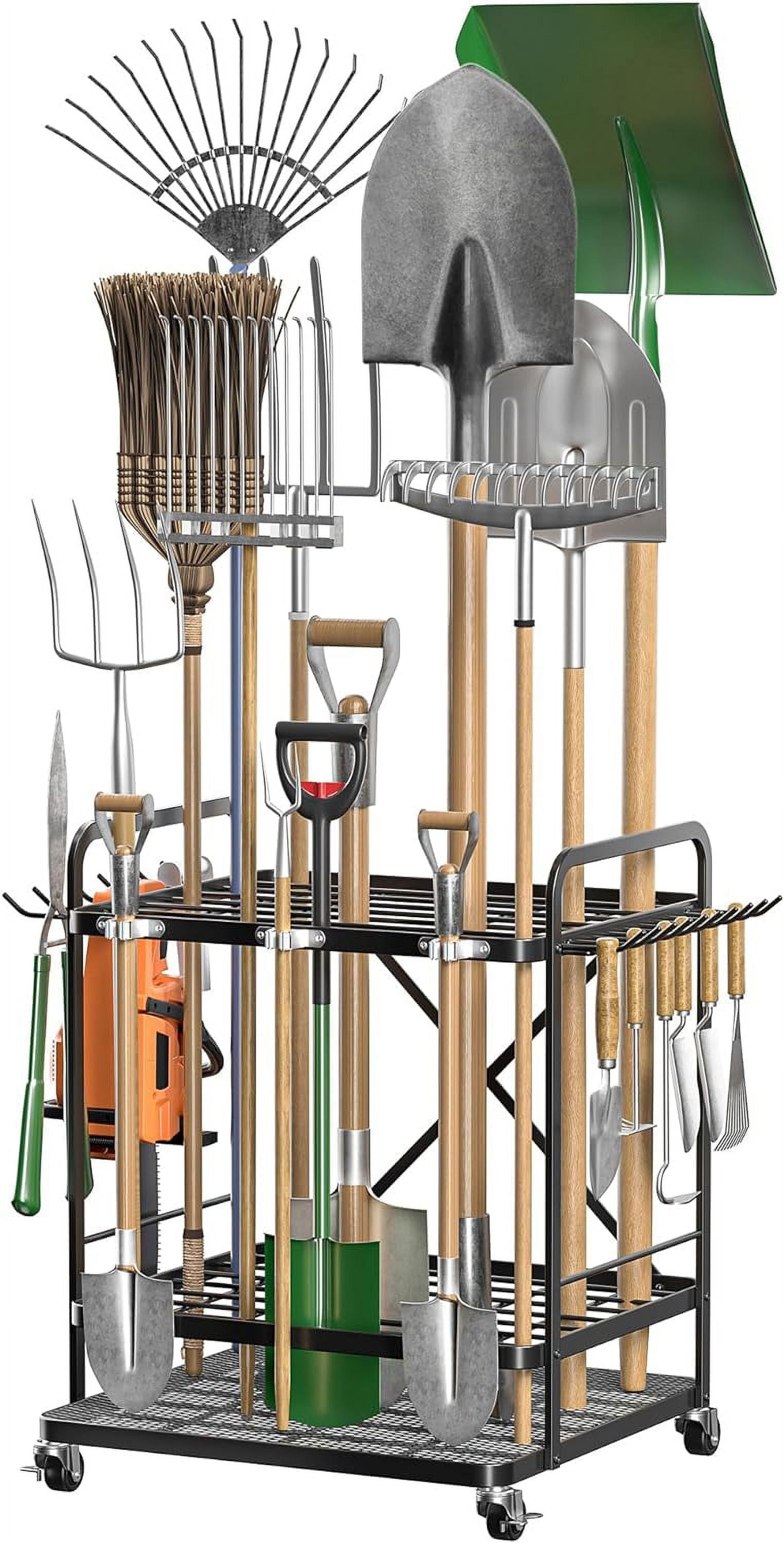 Black Steel Garden Tool Organizer with Wheels for Garage and Shed