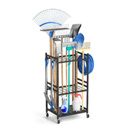 Garden Tool Organizer for Garage,Metal,Yard Tool Stand Holder Organizer for Long-Handled, Broom,Shovel,Rake,Sturdy Heavy Rack for Outdoor,Black,Sturdy Metal Steel Holder With 3 Hooks,With Wheels