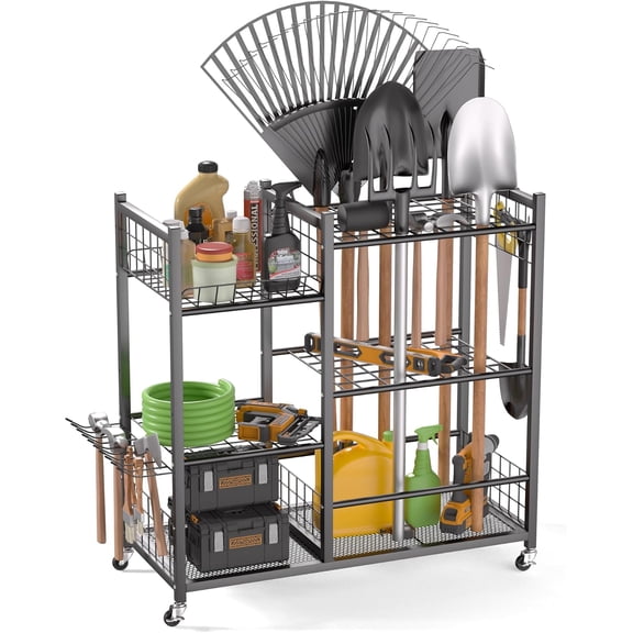 Garden Tool Organizer, Garage Storage Stand Organizer with Lockable Wheels, Yard Racks, Fit for Long-Handled Tools/Rakes/Brooms
